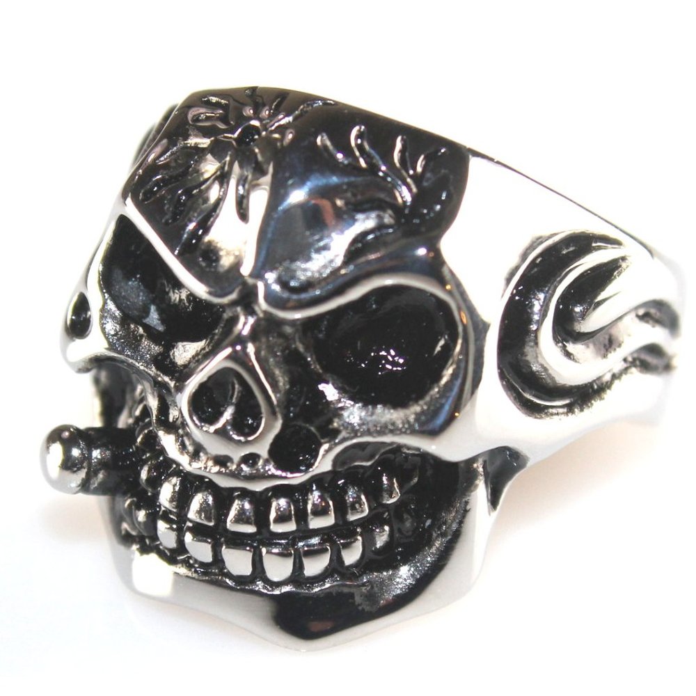 Vintage Gothic Oxidized Biker Smoking Bullet Skull Silver Punk Hiphop Ring
